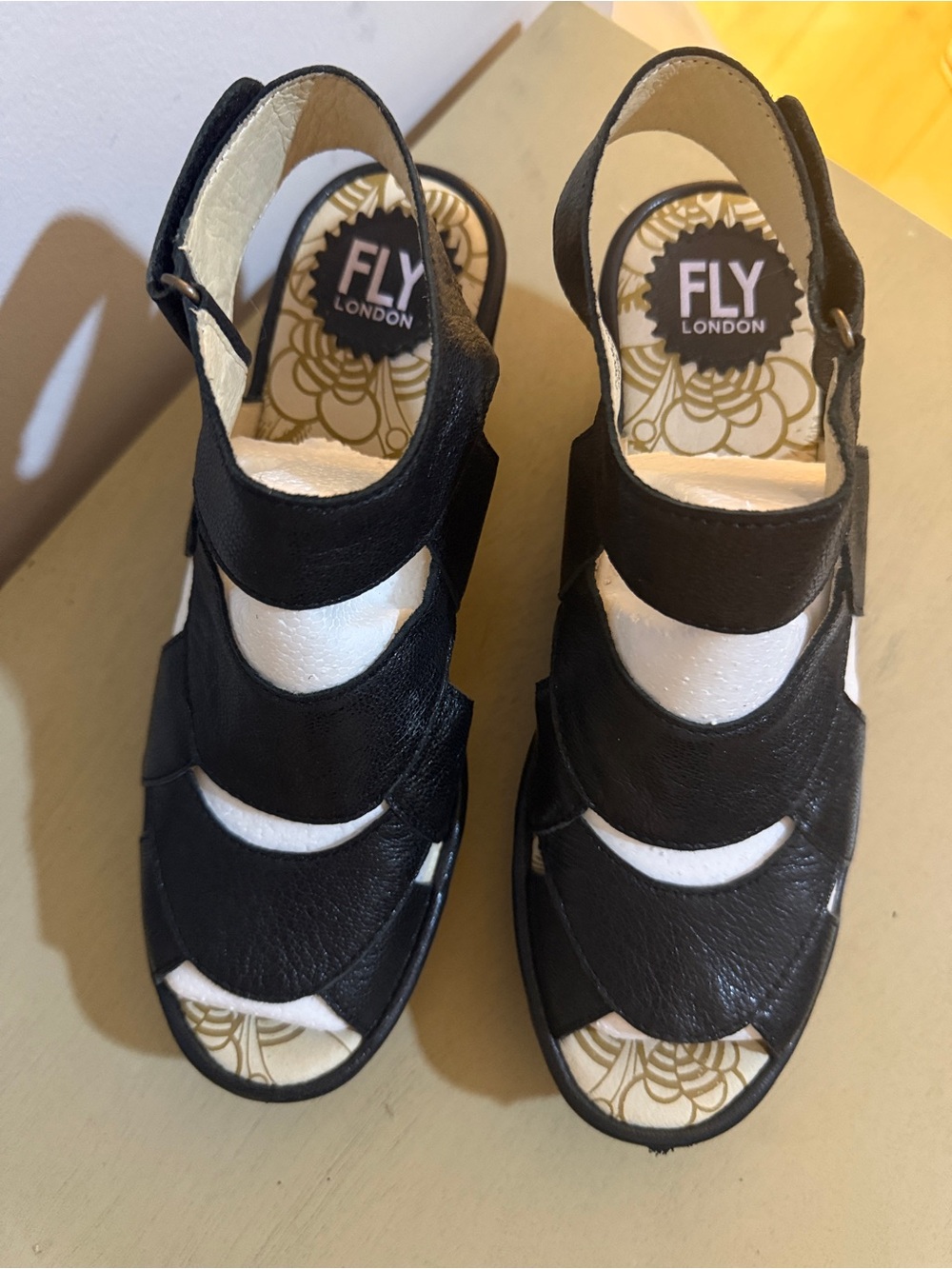 Fly London Black Leather Wedge Sandals EU 38 Chunky Platform Gladiator - Picture 3 of 6